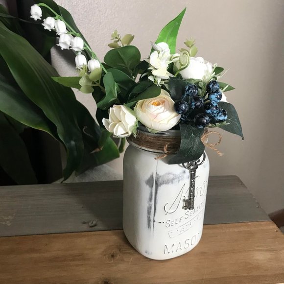 Handmade Cream-Colored Floral Arrangement in Metallic Silver & White Kerr Jar - Picture 3 of 6